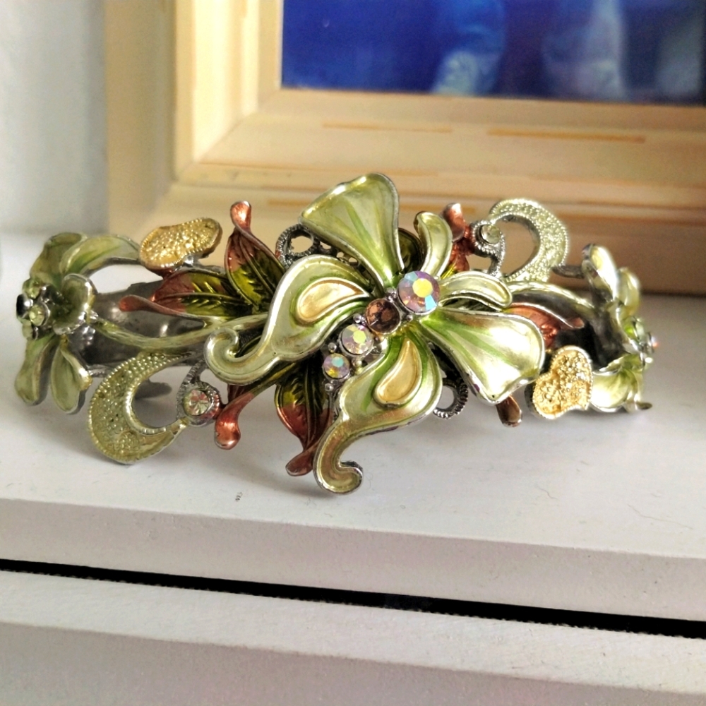 Green and gold metallic floral jeweled hair barrette